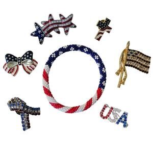 Patriotic Jewelry Lot American Flag Pins & Bracelet